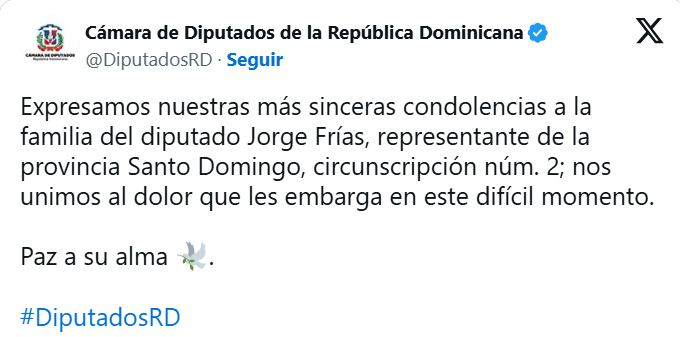 Fallece este viernes Jorge Frías, diputado del PRM por SD Este 3 Twitter Camara de Diputados Fallece este viernes Jorge Frías, diputado del PRM por SD Este